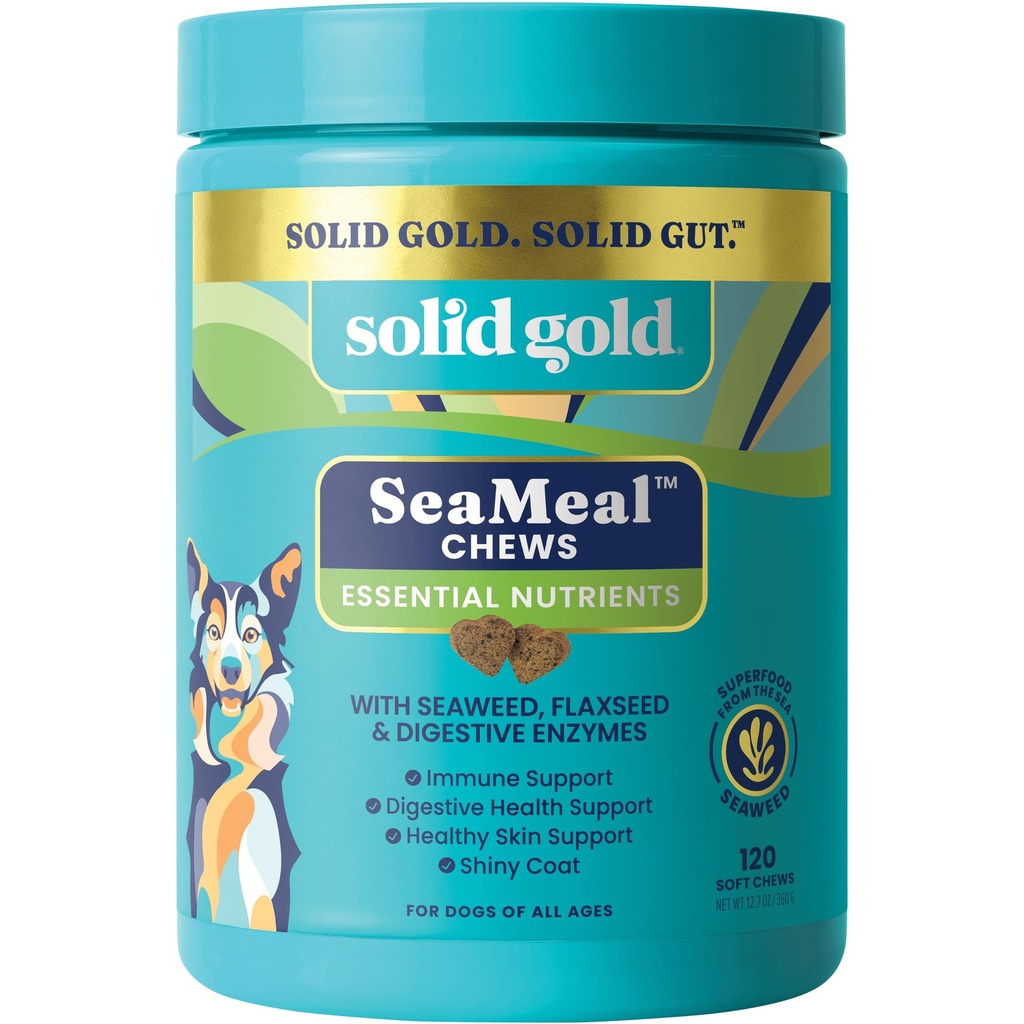 Solid Gold Cat & Dog Multivitamin Chews - Kelp, Omega 3 & Vitamin for Dental, Digeptical, Ammune, Skin & Coat Health - Multi Vitamin for Dogs & Cats - Sea Kelp Based Soft Chew for All Ages - 120ct