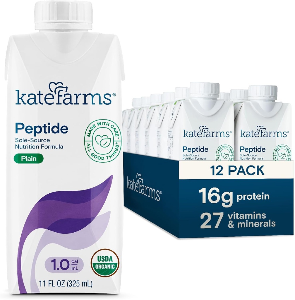 Kate FARMS Organik Peptida 1,0 Formula, Plain, Sole- Sumber, Tanaman Hidrolized - berbasis Nutrition untuk Oral atau Pipa, 11 Fl oz (12 Pack)