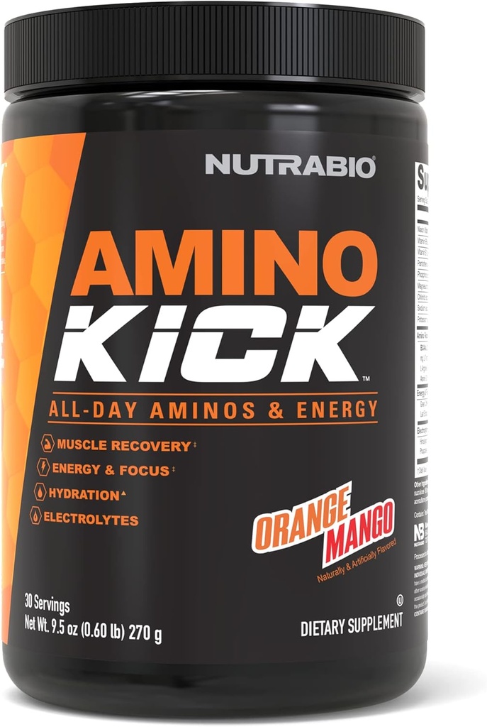 NutraBio Amino Kick - BCAA Powder dengan Natural Caffeine - Amino Acids Suplement for Energy, Hidration & Recovery - BCAAs, Electrolytes & Acids - Orange Mango, 30 Pegawai
