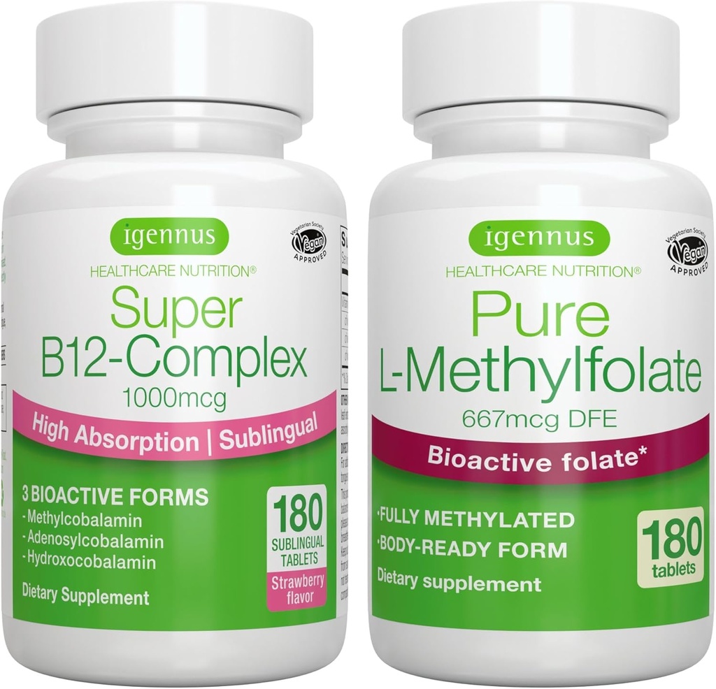 Super B12-Complex 1000mcg + Pure Folate 400mcg Vegan Bundle, Absorgetic Tinggi Sublinual Vitamin B12 dengan Methylcobalamin, Adenosylcobalamin & Hydrococobalamin + Optimined L- Methylfolat, oleh Igennus