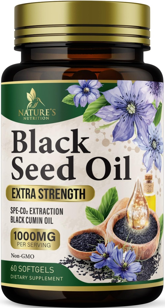 Softgeels Minyak Benih Hitam 1000mg - Premium Nigella Sativa Blackseed, Pure Natural Black Cumin Oil & Antioksidant for Skin & Imune Support - Non GMO, Bottle in USA Suftgels - 60 Softgeels