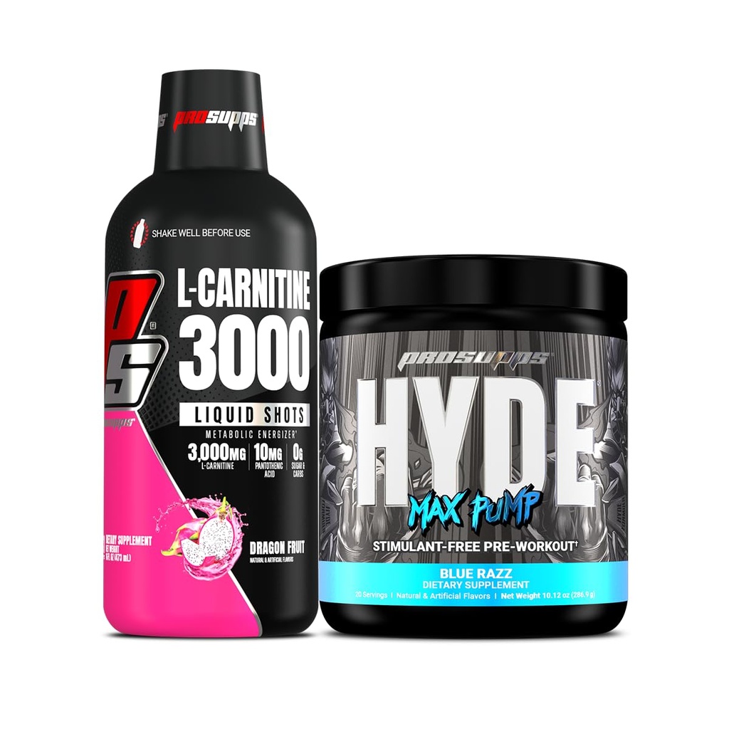 PROSUPPS L- Carnitine 3000 Stimulant Free Liquid Shots (31 Servings, Dragon Fruits) dan Hyde Max Pompa Poster Workout untuk Pria dan Wanita (20 Servis, Blue Razz) Bundle