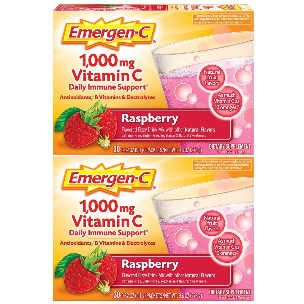 Emergen- C 1000mg Vitamin C Powder, dengan Antioksidan, B Vitamin dan Electrolites, suplemen Vitamin C untuk Imune Dukungan, Caffeine Free Drink Mix, Raspberry Flavor - 60 Count / 2 Pasokan Bulan