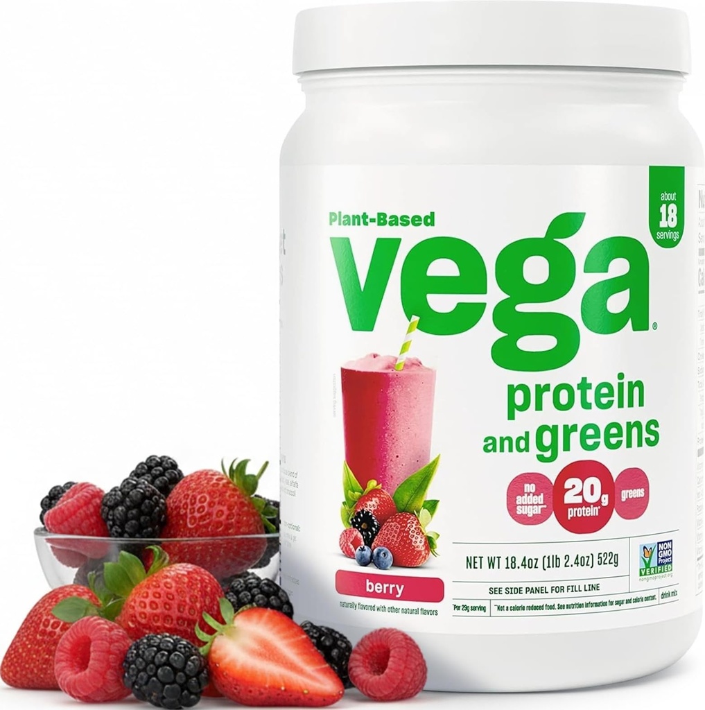 Vega Protein dan Hijau Powder Protein, Berry - 20g Tanaman Berdasarkan Protein Plus Vegan, Vegan, Non GMO, Pea Protein untuk Perempuan dan Pria, 1.2 pon (Packaging May Vary)