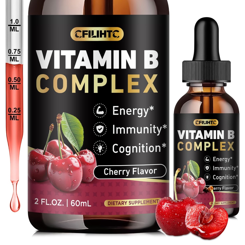 Vitamin B Kompleks Liquid Drops, B Vitamin Kompleks dengan B1, B2, B3, B5 B6, B9 & Metil B12 Drops for Dewata & Anak-anak, Vegan, Cherry Flavor