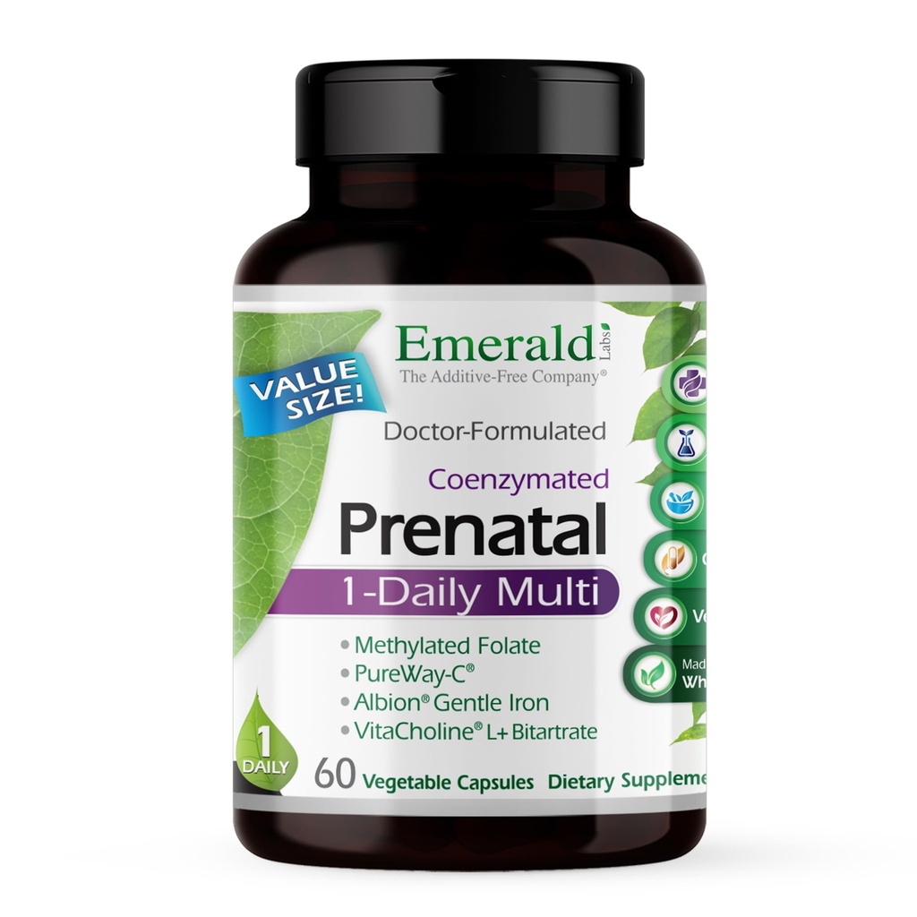 EMERALD LABS Prenatal 1-Daily Multi - Prenatal Multivitamin dengan Methylated Faolate, Iron, Whole-Food Blend & More - Soy- Free, Gluten-Free - 60 Vegetable Capsules