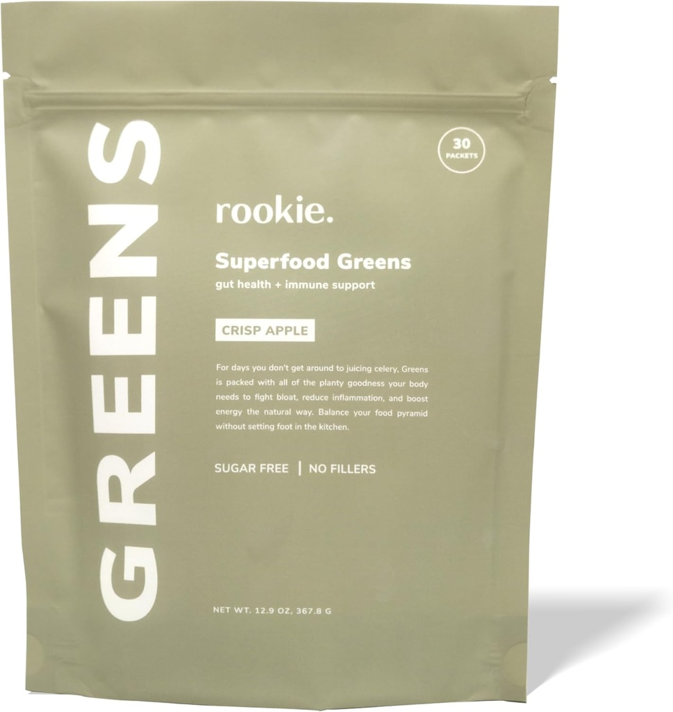 Rookie Wellness Greens + Superfoods - Greens Superfood Powder Made with Whole Food Sourced Ingredictions Contains Vitamin, Propines, Antioksidants, and Baobab Fiber (30 Servings, Crisp Apple)