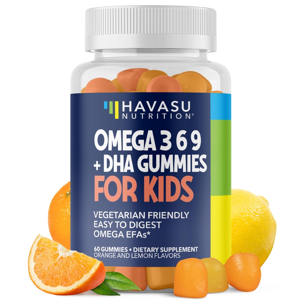 Omega 3 6 9 + DHA Gummies for Kids - Vegetarian, Plant-Based Fish Oil dengan DHA dan EPA for Children 2 + untuk Mendukung Pembangunan Tubuh dan Otak - Tak Ada Rasa Ikan - Lemon dan Orange Flavors - 60 Count