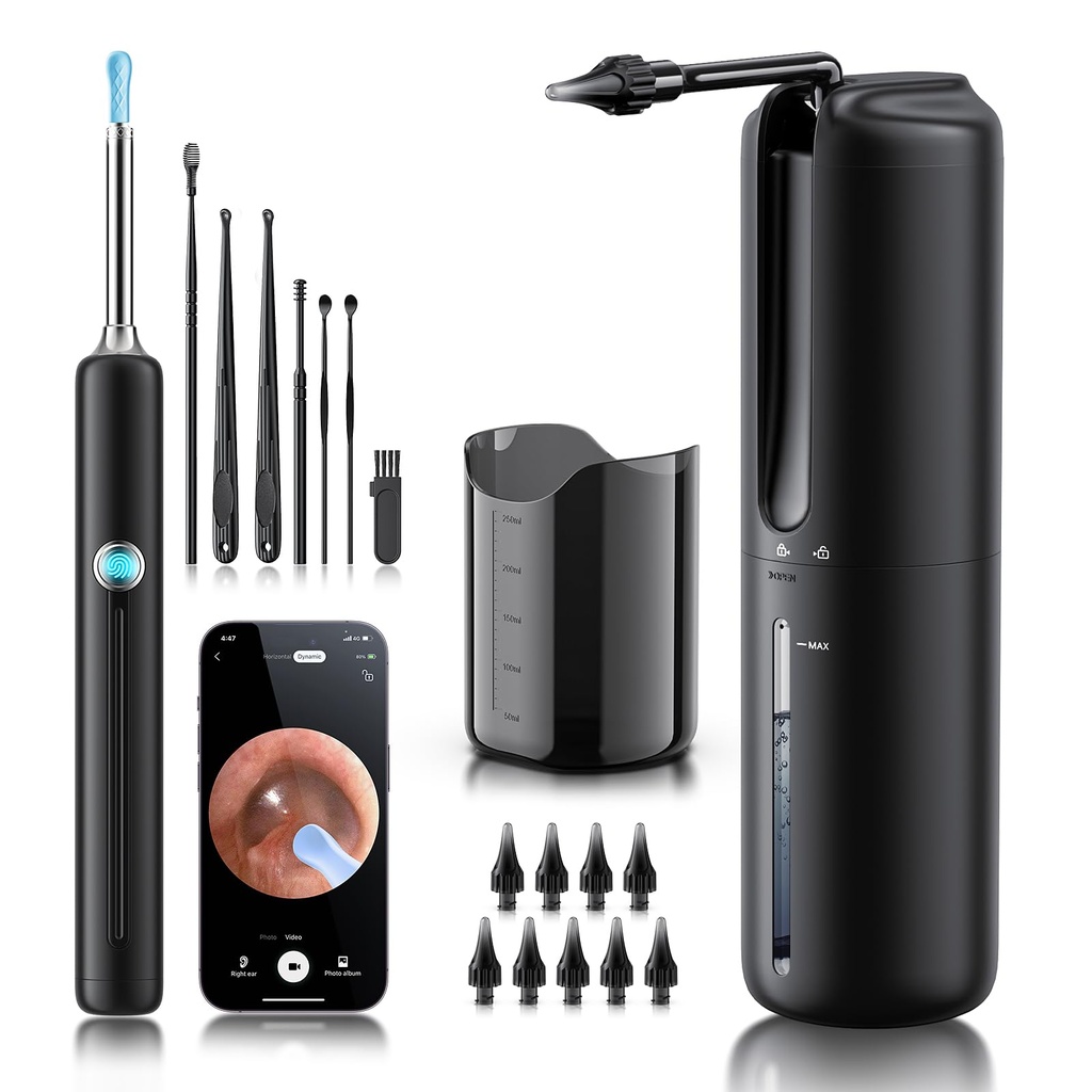 Ear Wax Removal - Electric Ear Flushing System with 4 Pressure Modes, Ear Cleaner with Camera, 1080P Otoscope, Ear Cleaning Tools with 7 Pcs Ear Set, Safe and efektif Earwax Removal Kit