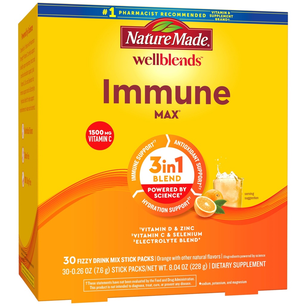 Nature Made Wellblends ImmunemaX Fizzy Mix, Vitamin C 1500mg, Zinc 15 mg, Vitamin D3 1000 IU (25 mcg), ditambah B Vitamin dan Electrolites Hydration Blend, 30 Stick Packs