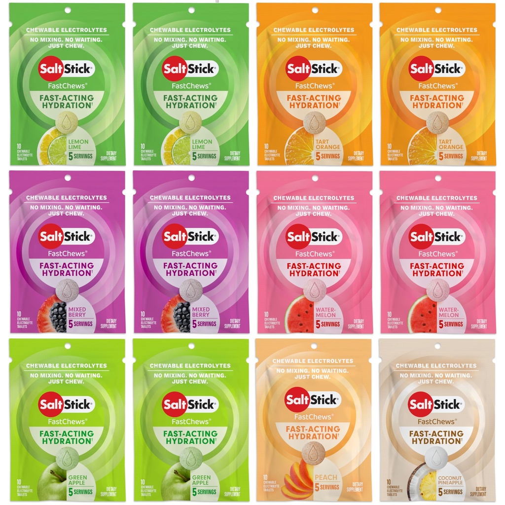 SaltStick Electrolite FastChews - 120 Count Variety Pack - Dapat dikunyah Tablet Elektrolite untuk Hidration, Salt Tab - 10 Cacah (Paket 12)