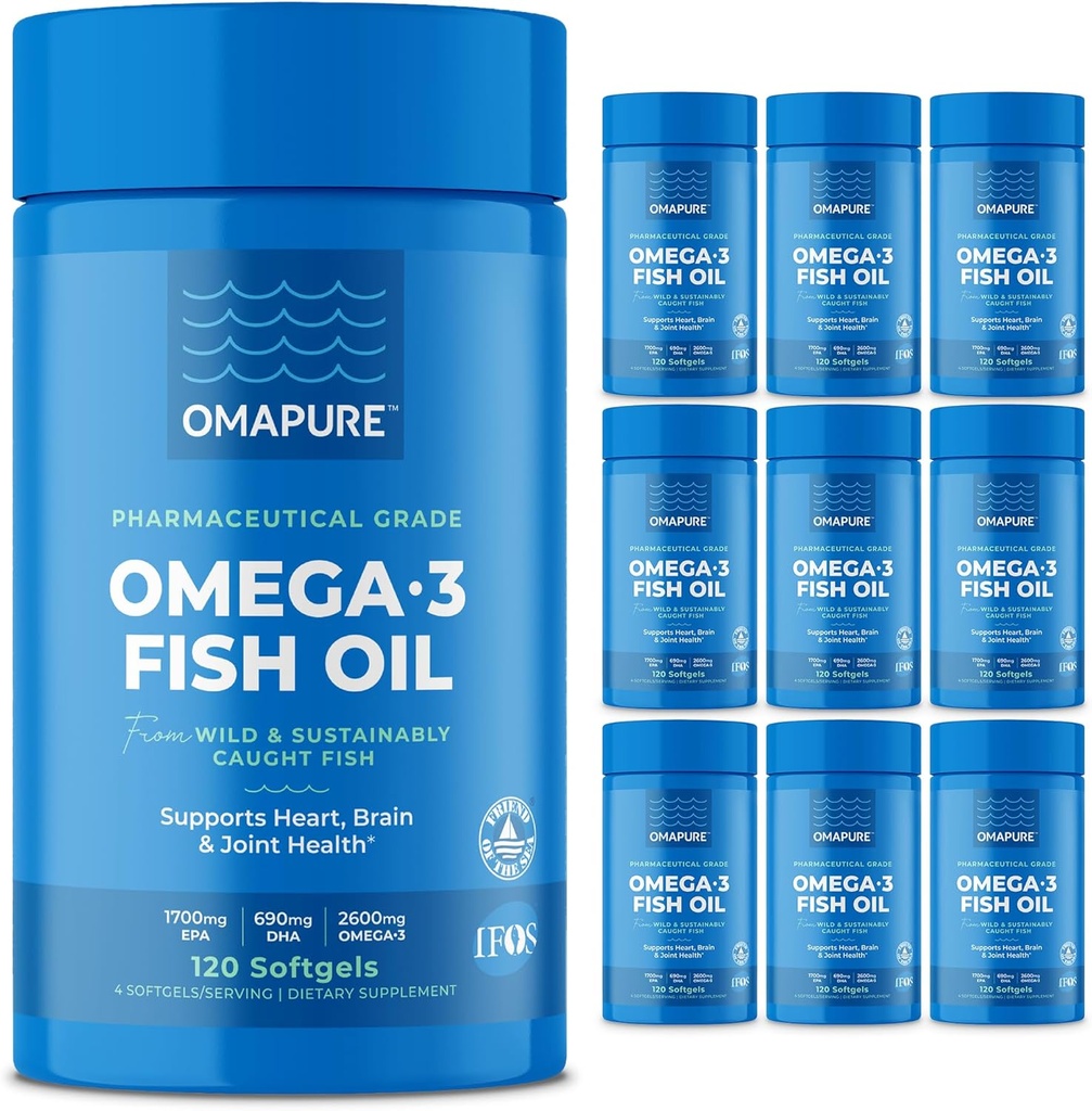 OMAPURE Wild Caught Omega- 3 Suplemen dengan EPA & DHA Tinggi (10 Bottles, 120 Softgels) - Burpless Formula Supports Heart & Joint Health, Proote Brain Fungsi