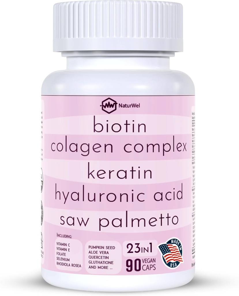 Collagen 1000mg Rhodiola Rosea 2500mg Biotin 10000mcg, Hyaluronic Acid, DHT Blocker, Vitamin C & E, Folic Acid, Abia Vera, Quercetin, Green Tea, Keratin, MSM - 90 Cacah (90 Cacah 1)