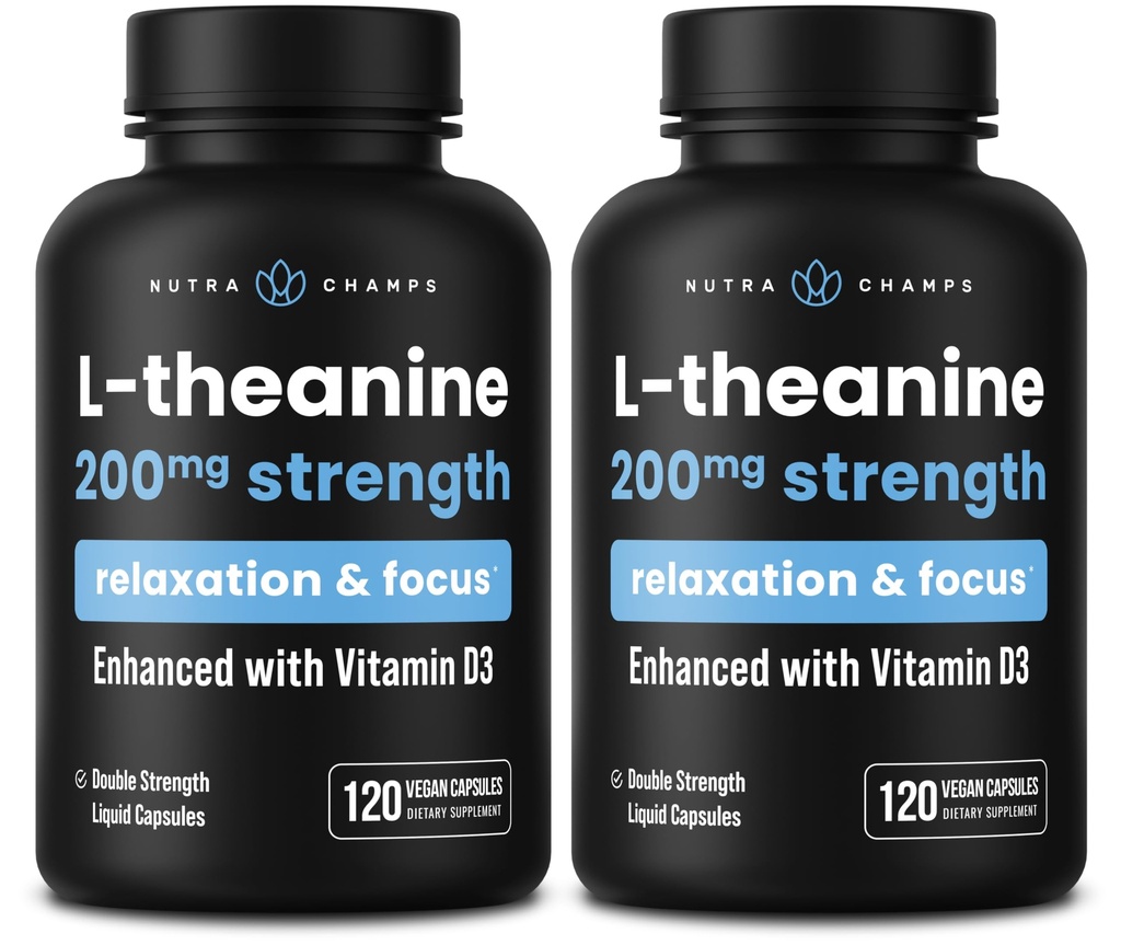 NutraChamps L- Theanine 200mg Capsules, Double- Power L- Theanine Liquid dengan Vitamin D3, Organic Coconut Oil, 120 Vegan Capsules (Paket 2)