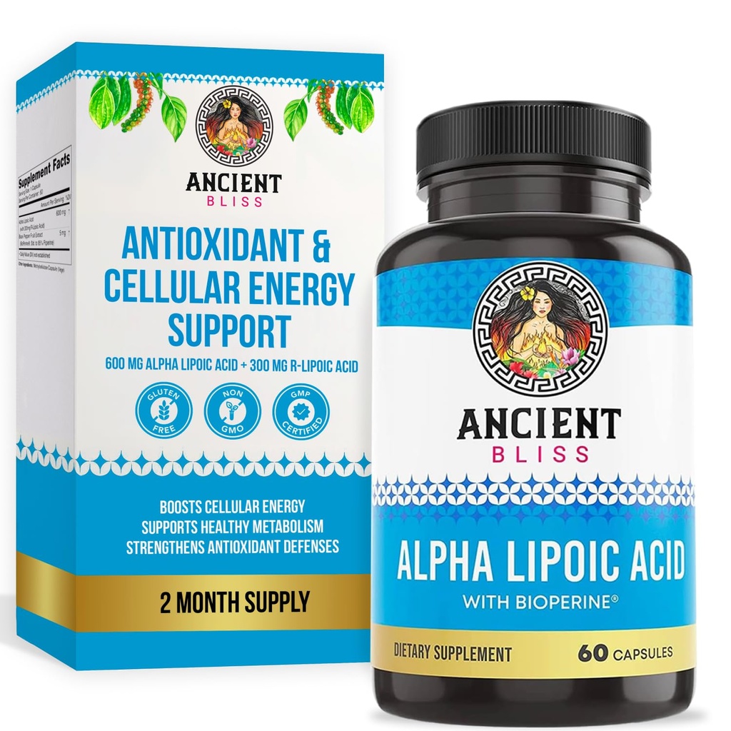 Pendukung Antioksidan Energi, Suplemen ALA dengan Bioperin, Tanpa Gluten dan Soy, 600mg per Serving, 60 Vegan Capsules