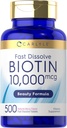 Carlyle Biotin 10.000mcg 124; 500 Fast Dissolve Tablets 124; untuk Rambut, Skin, dan Nails 124; Maksimum Kekuatan 124; Vegetarian, Non-GMO, Gluten Free Supplemen