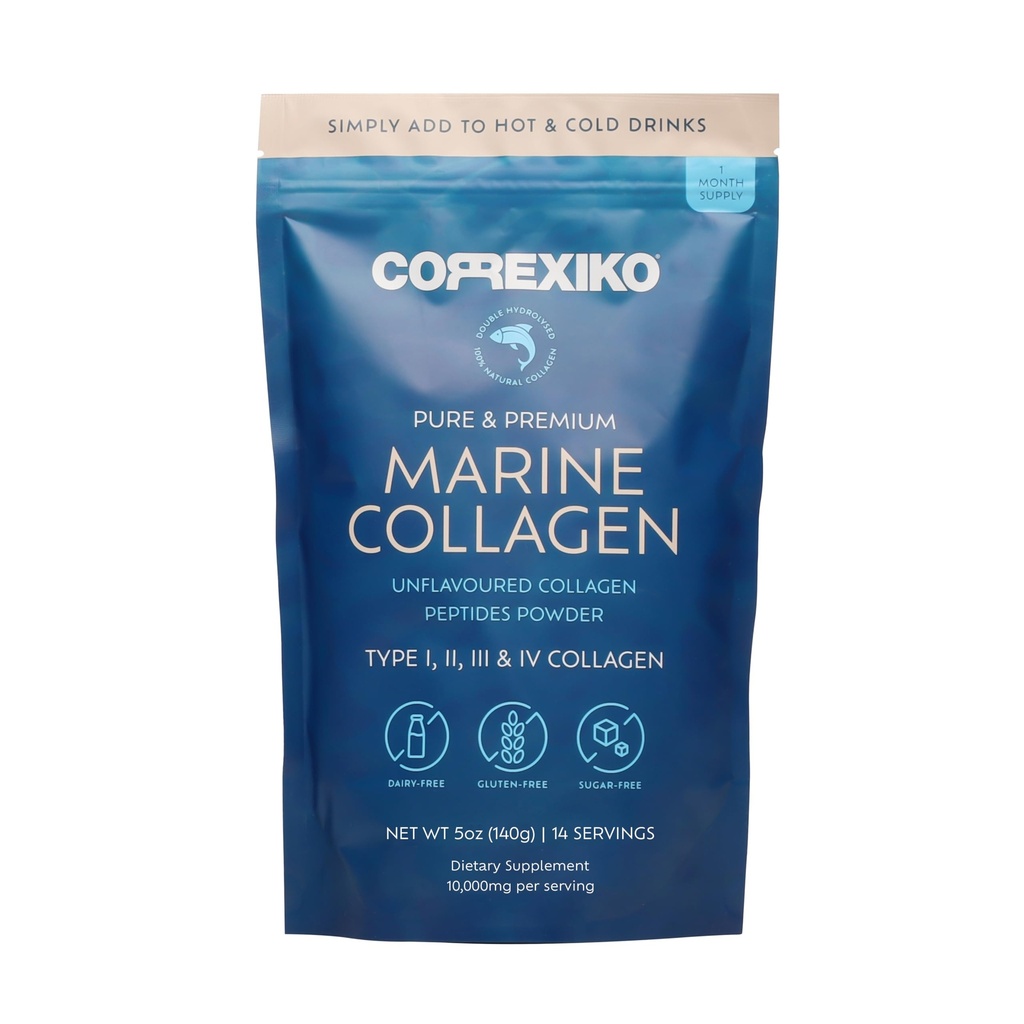 Persediaan Powder Marine CorreXIKO Tanpa Rasa - 10,000mg Double Hydrolyzed Collagen Peptides per Serving - Formulated for Maximum Absorpsi - Rambut, Skin & Nails - 5oz, 14 Hamba