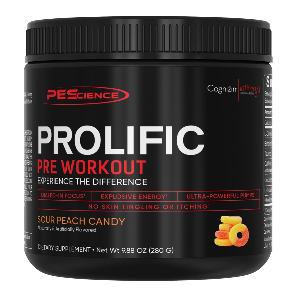 Pescience Prolific Pre Workout Powder for Men & Women with L-Citrulline Nitric Oxide Booster, Powder Energi & Nootropic for Focus - Pretraining Without Beta Alanine - 40 Scoops, Sour Peach Candy