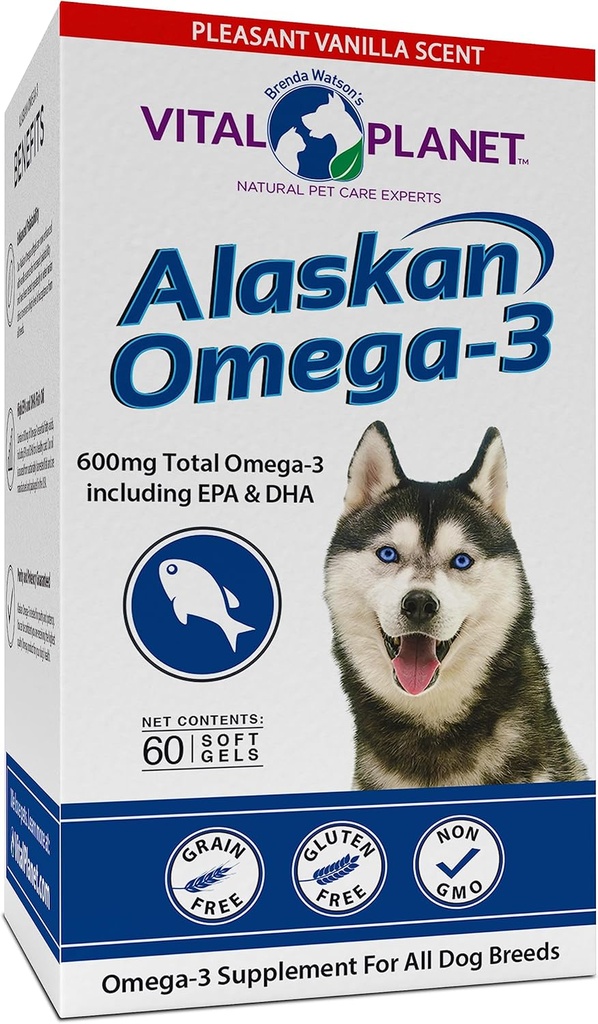 Planet Vital - Alaska Omega-3 Tambahan Minyak Ikan untuk Anjing dengan 600mg dari Omega-3, Tinggi di DHA dan EPA dari Sustaindably Berdaya Wild Caught Cold Water Fish, 60 Vanilla Softgels
