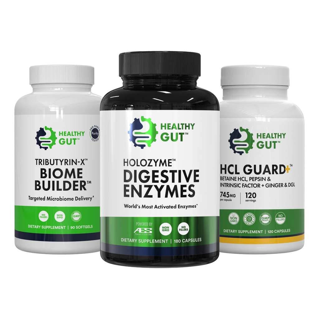 Healthy Gut Gas and Bloating Bundle | HoloZyme, 180 Capsules, Tributyrin-X, 90 Softgels, and HCL Guard, 120 Capsules