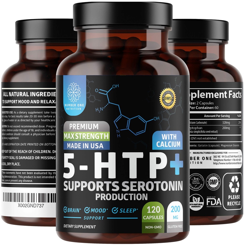N1N Premium 5- HTP 200mg Plus Calcium, Dibuat dari Ekstrak Benih Alvaronia, Non GMO dan Gluten Bebas, 120 Caps