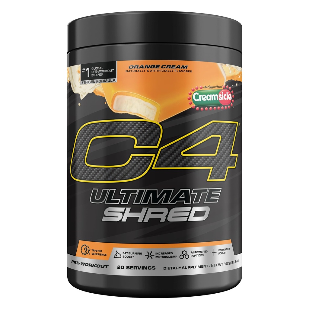 Selucu C4 Ultimate Shred Pre Workout Powder, Metabolisme Suplemen dengan Ekstrak Cayenne + 300mg Caffeine + TeaCrine + Dynamine - Orange Creamsicle, 20 Servings