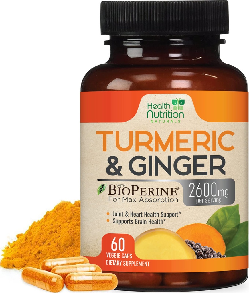 Turmeric Curcumin Supplemen 2600mg - dengan Organik Ginger & Turmeric, 95% Curcuminoid, BioPerine Black Pepper untuk Absorpsi Terbaik, Dukungan Bersama Vegan Alam, Non-GMO, Botol di Amerika Serikat - 60 Capsules