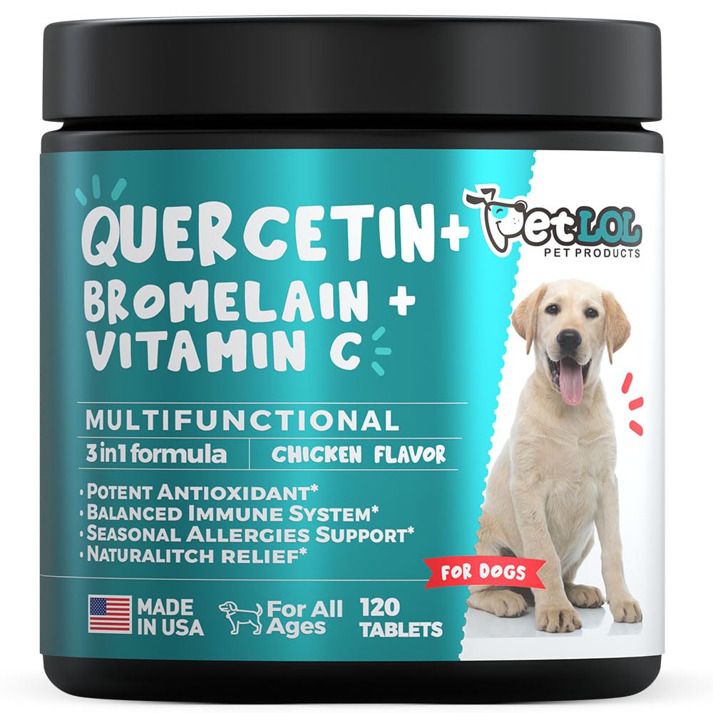 Quercetin for Dogs with Bromelain & Vitamin C - Allergy & Itch Relief, Imune & Inflammatory Dups - 120 Chewable Tablets Made in USA