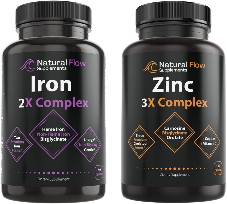Kompleks Tambahan Zinc dengan Copper dan Vitamin C - Natural Flow 3X Zinc Carnosine dan Iron Suplemen 2-1 Kompleks Lengkap - Natural Flow 2X Heme dan Diplayed Non Heme Besi Bisglycinate