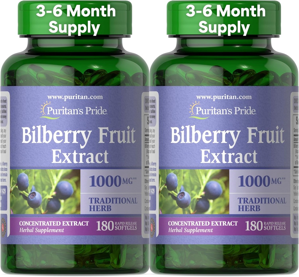Puritan 's Pride Premium Bilberry Fruit Extract 250 mg (1000mg ekuivalen), 4: 1 Konsentrat Herbal Tradisional Suplemen, Vitamin C, 3 sampai 6 Bulan Suply, 180 Rapid Melepaskan Softgels 2-Pack