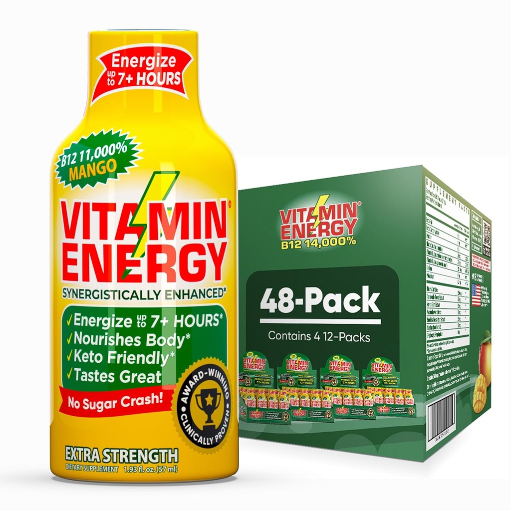 Vitamin Energy B12 11.000% Spear Energy Shot Mango 48 Pack, 260mg Natural Caffeine, B12 & B6, Nootropic Focus, Vitalitas, Zero Sugar, Gluten- Free, Vegan, Kosher, 1.93 fl oz