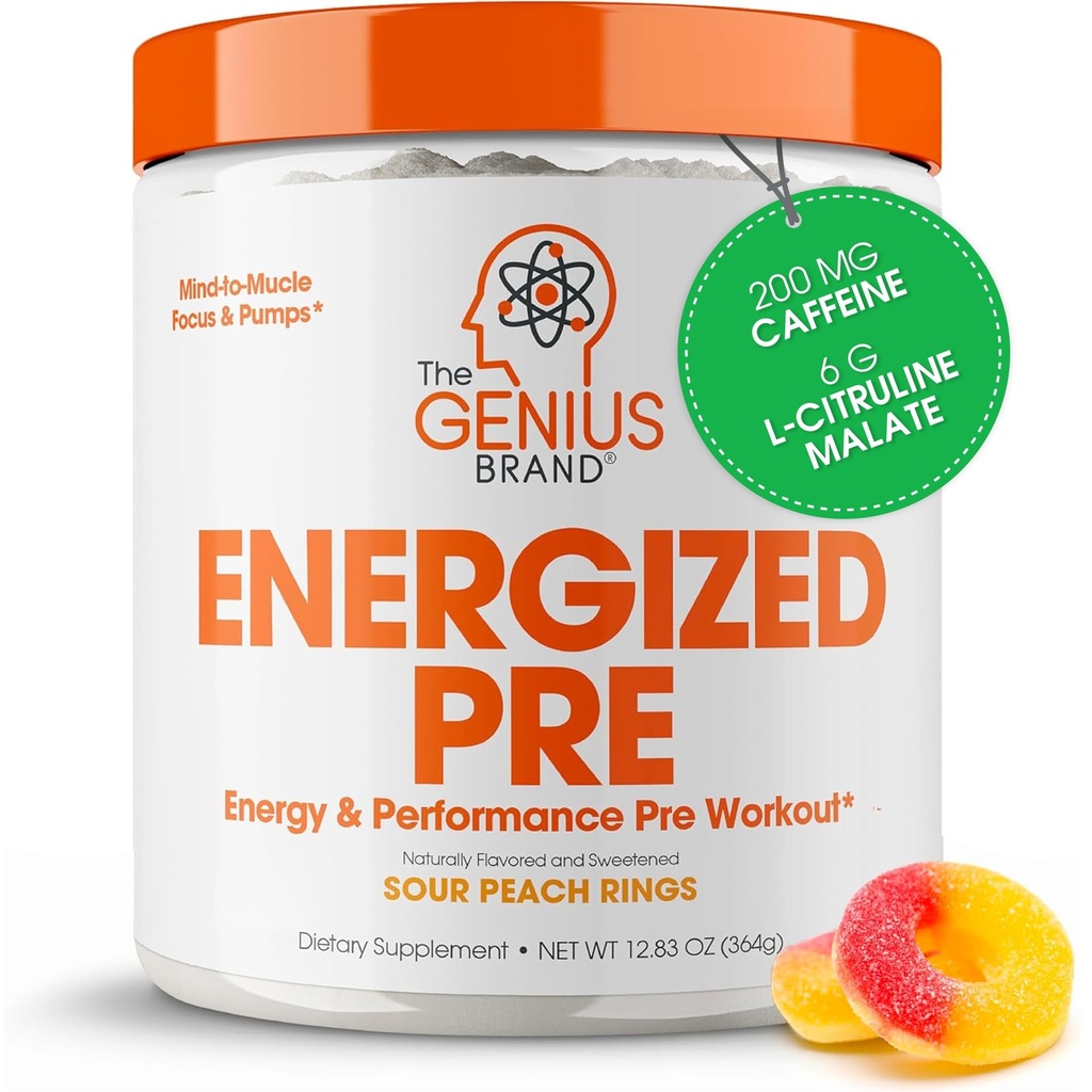 Genius Energized Pre Workout Powder - Caffeine Infused Pre-Workout Booster Suplement with Beta Alanine & Alpha GPC, No Articial Sweeteners or Dyes - 200mg Caffeine, 20 Servings, Sour Peach Rings