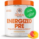 Genius Energized Pre Workout Powder - Caffeine Infused Pre-Workout Booster Suplement with Beta Alanine & Alpha GPC, No Articial Sweeteners or Dyes - 200mg Caffeine, 20 Servings, Sour Peach Rings
