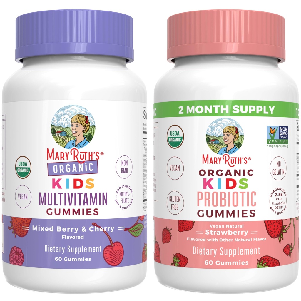 MaryRuth Organics gummies for Kids- Multivitamin (Mixed Berry & Cherry), & Probiotic (Strawberry) 124; USDA Organik, No Gelatin! 126; Vitamin untuk Kebal, Kesehatan Gut, & Overall Wellness 124; Vegan, Non- GMO