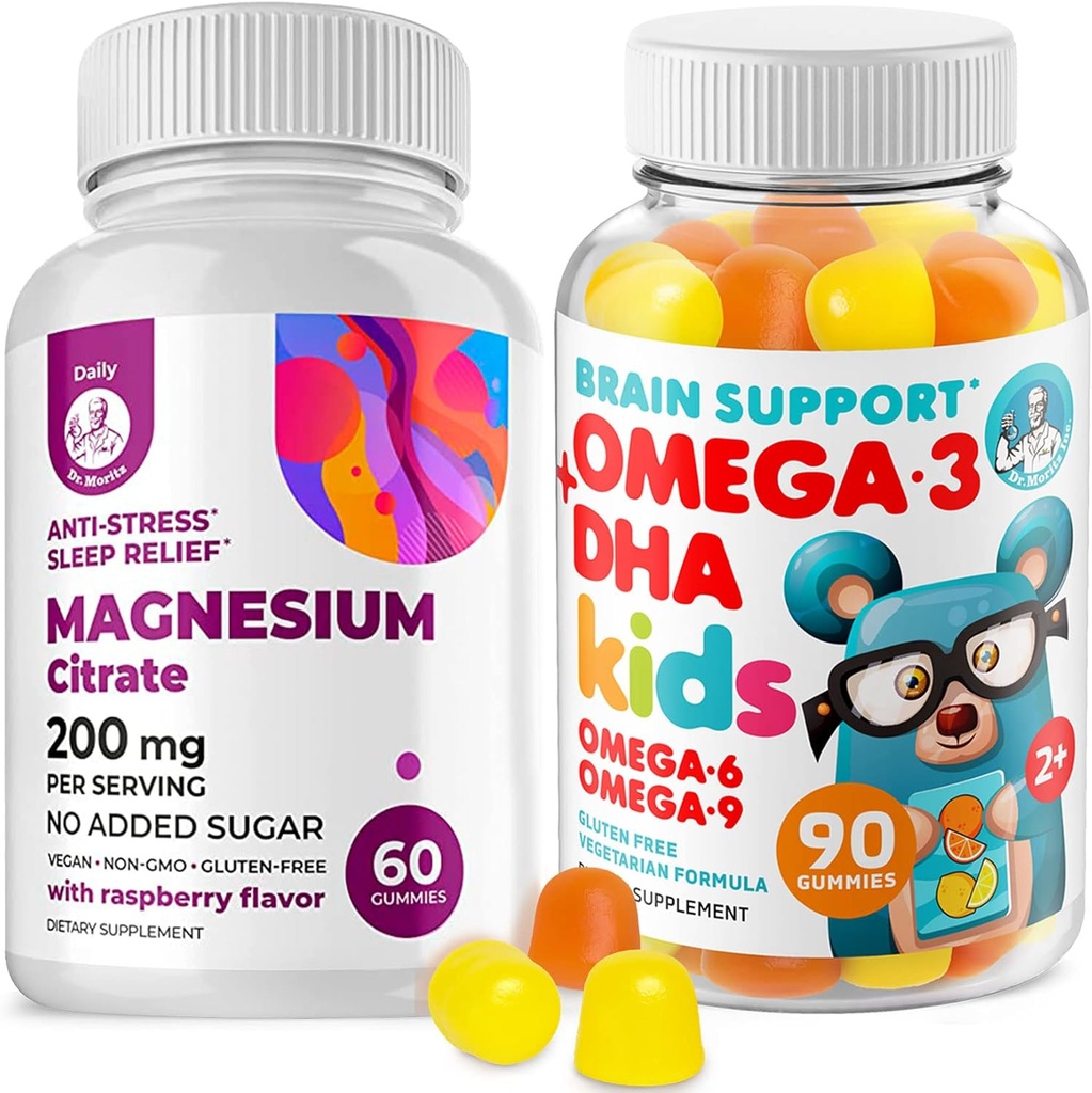 Omega3 Gummies for Kids with Omega 6 & 9 and Magnesium Gummies - DHA Children Children Brain Susion Dupport - No Fish Oil and Gluten Free Immune Health with Sugar- Free Magnesium