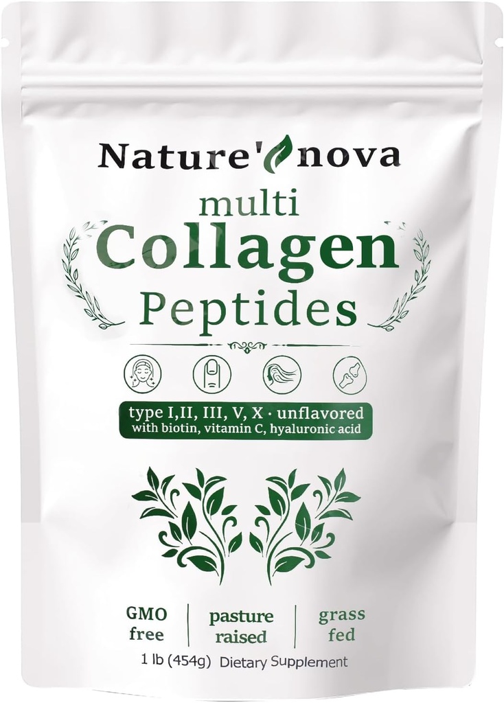 Alam Nova Multi Collagen Peptides Powder - Tipe I, II, III, V, X dengan Biotin, Acid Hyaluronic, Vitamin C - Unflamited, Easily Dipecahkan, Non-GMO
