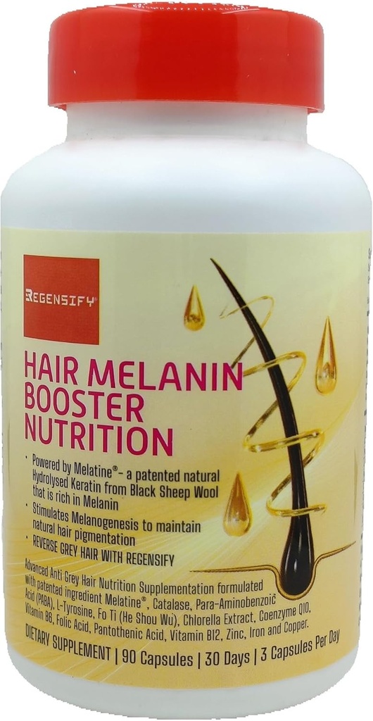 Nutrition Rambut Melanin Booster RegenSIFY [Anti Grey Hair Suplemen untuk Pria & Perempuan: Malatin, Catase, PABA, L- Tyrosine, He Shou Wu, Klorella Ekstrak, KoQ10, Acid Folic, Acid Pantothenic]