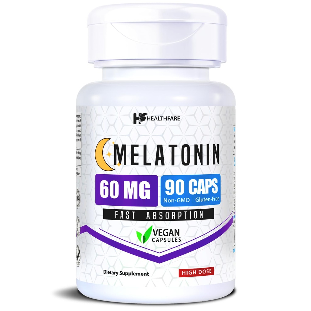 Healtfare Melatonin 60mg 124; 90 Veg Capsules 124; High- Kekuatan Formula 124; Vegetarian, Non- GMO, Gluten- Bebas 124; Dibuat di USA