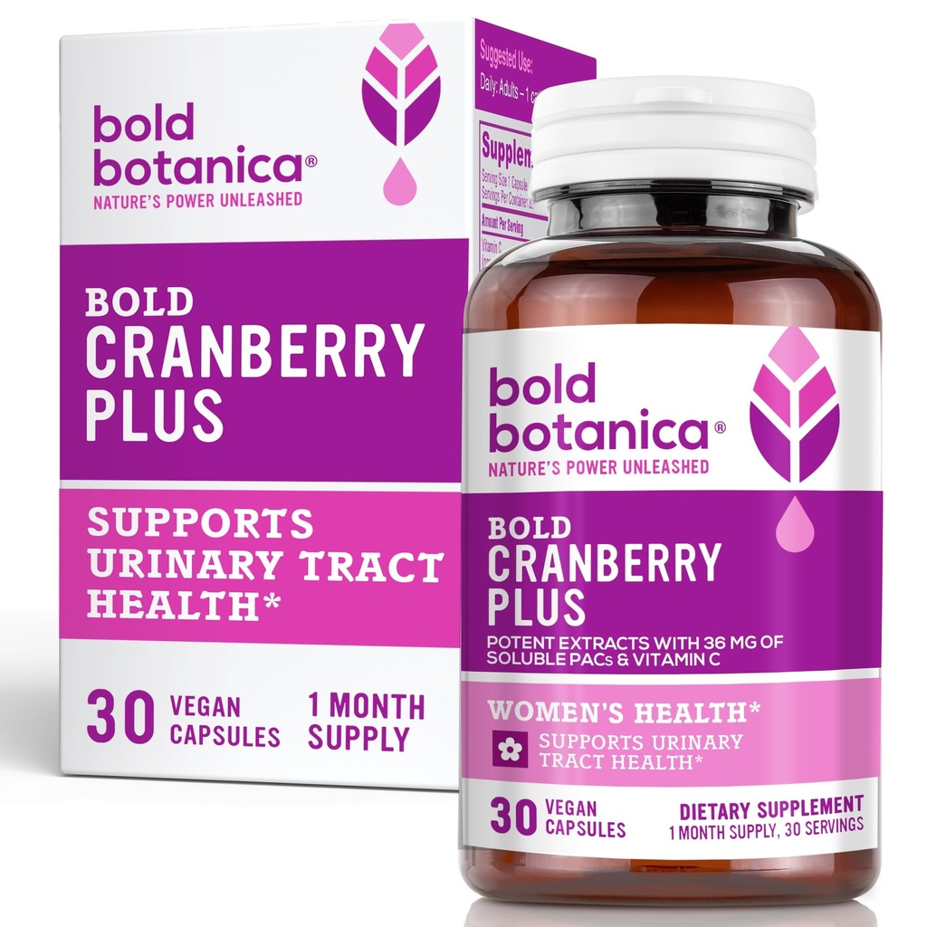 Bold Cranberry Plus - 36 mg PACS - 100% Soluble Pact-Urinary Tract UTI Support-- Cranberry Pil untuk Perempuan & Men- dengan Non- GMO Vitamin C - 30 Vegan Kapsul