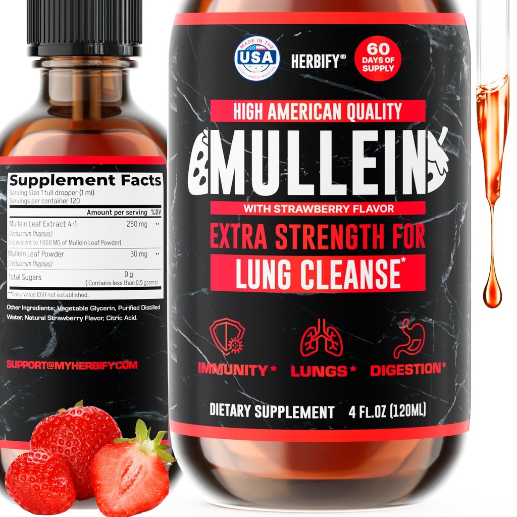 HERBIFY Mullein Drops - Lung Cleanse - Leaf Extract - Powerful Mullein for Immune Dukung, Detox & Respiratory Dukungan - Dibuat di USA - 4 Oz Strawberry Flavor