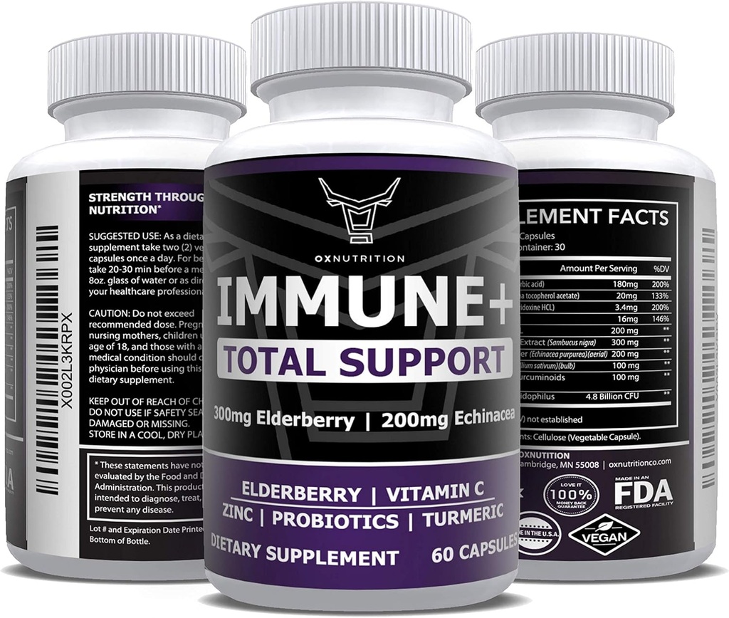 OX Nutrition 10 pada 1 Elderberry, Vitamin C, Zinc, Vitamin E, Vitamin B6, Echinacea, Bawang Merah, Turmeric, L- Glutamine HCL & Lacvoillus Propoles & Antioxidants for Immune Defenation 1 Month Supply