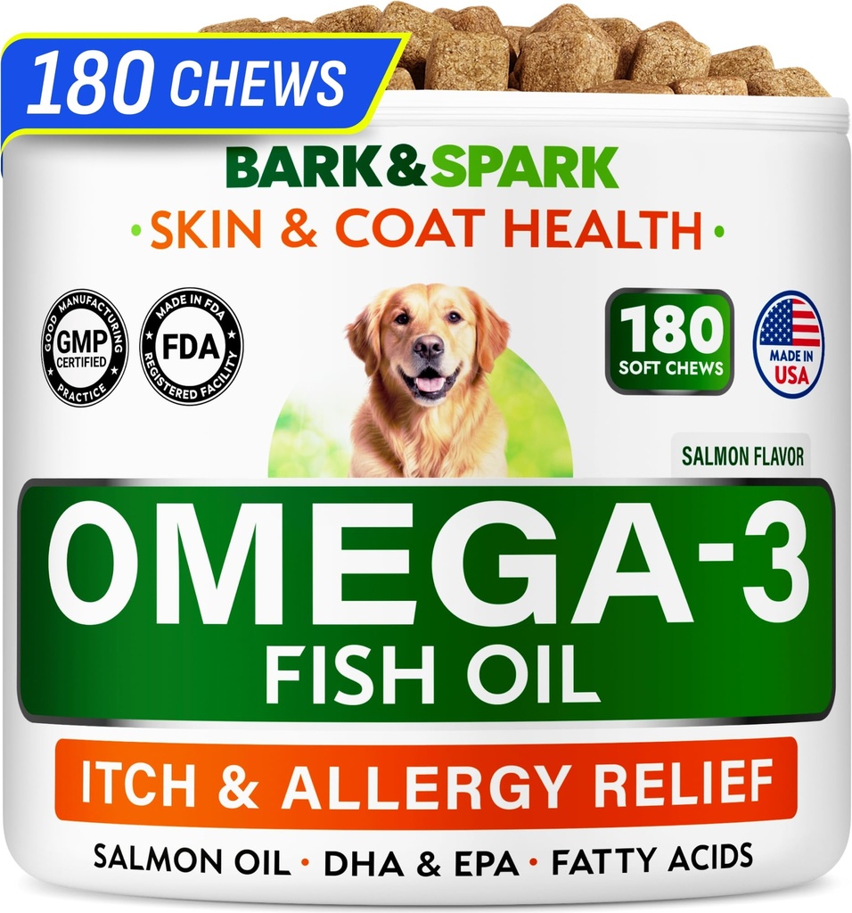 BARK & SPARK Omega 3 untuk Dogs - 180 Fish Oil Treats for Dog Shedding, Skin Allergy, Itch Relief, Hot Spot Treatment - Joint Health - Skin and Coat Supplemen - EPA & DHA Fatty Accids - Salmon Oil