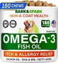 BARK & SPARK Omega 3 untuk Dogs - 180 Fish Oil Treats for Dog Shedding, Skin Allergy, Itch Relief, Hot Spot Treatment - Joint Health - Skin and Coat Supplemen - EPA & DHA Fatty Accids - Salmon Oil