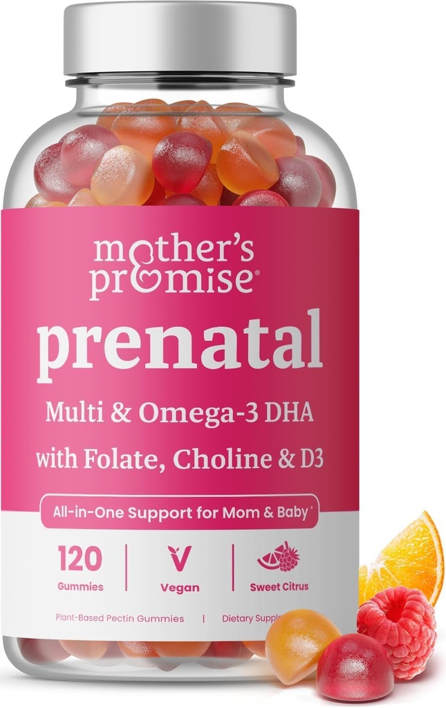 Gumi Vitamin Prenatal dengan DHA 124; Vegan Prenatal Vitamin Bagi Perempuan dengan Omega 3, Methylfolat, Choline & D3, Pregnancy Vitamin for Fetal Development 124; Gummy Multivitamin Suplemen, 120 Count
