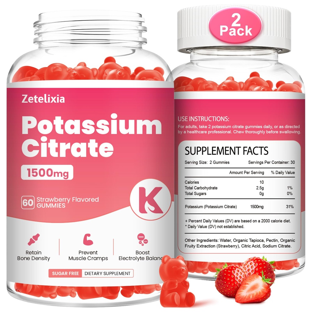 2 Pack Potnacular Gummies for Women & Men, Potasium Citrate Suplement, Dupport Leg Cramps, Muscle Health & Electrolite Keseimbangan, Sugar Free, Organik, Vegan, Strawberry, 120 Cts