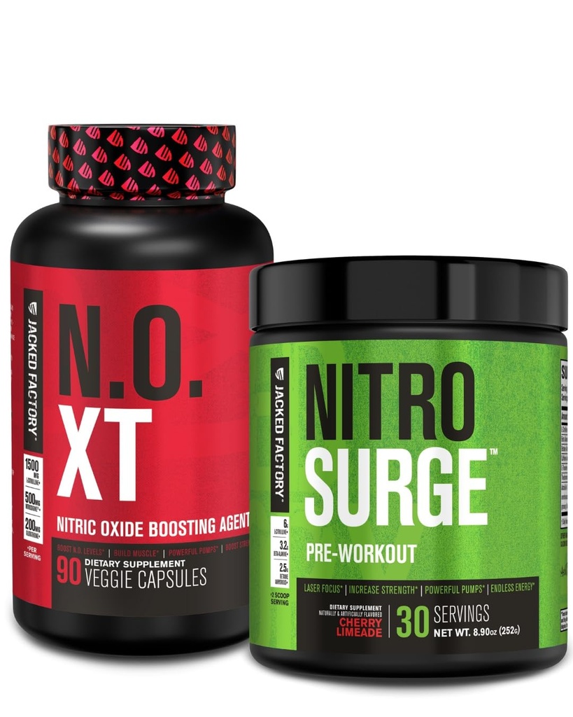 Bracked Factory Pre Workout Stack - N.O XT Nitric Oxide Booster & NITROSURGE High Energy Pre Workout Fuel