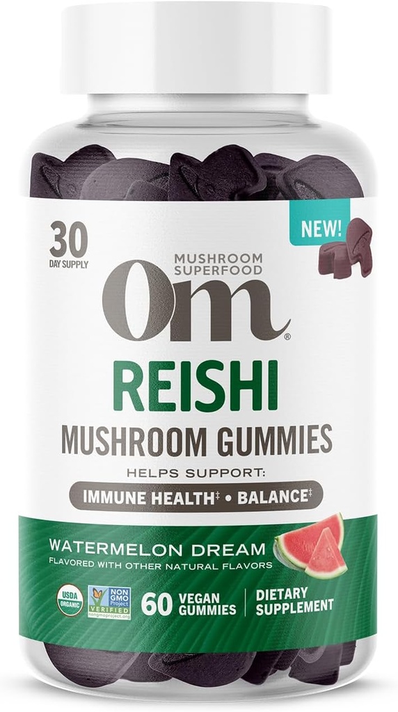 Om Mushroom Superfood Reishi Gummies, Amerika Grown Organic Mushroom, Suplemen Imune Health, Saldo, & Stress, 60 Count, 30 Servis Gummy