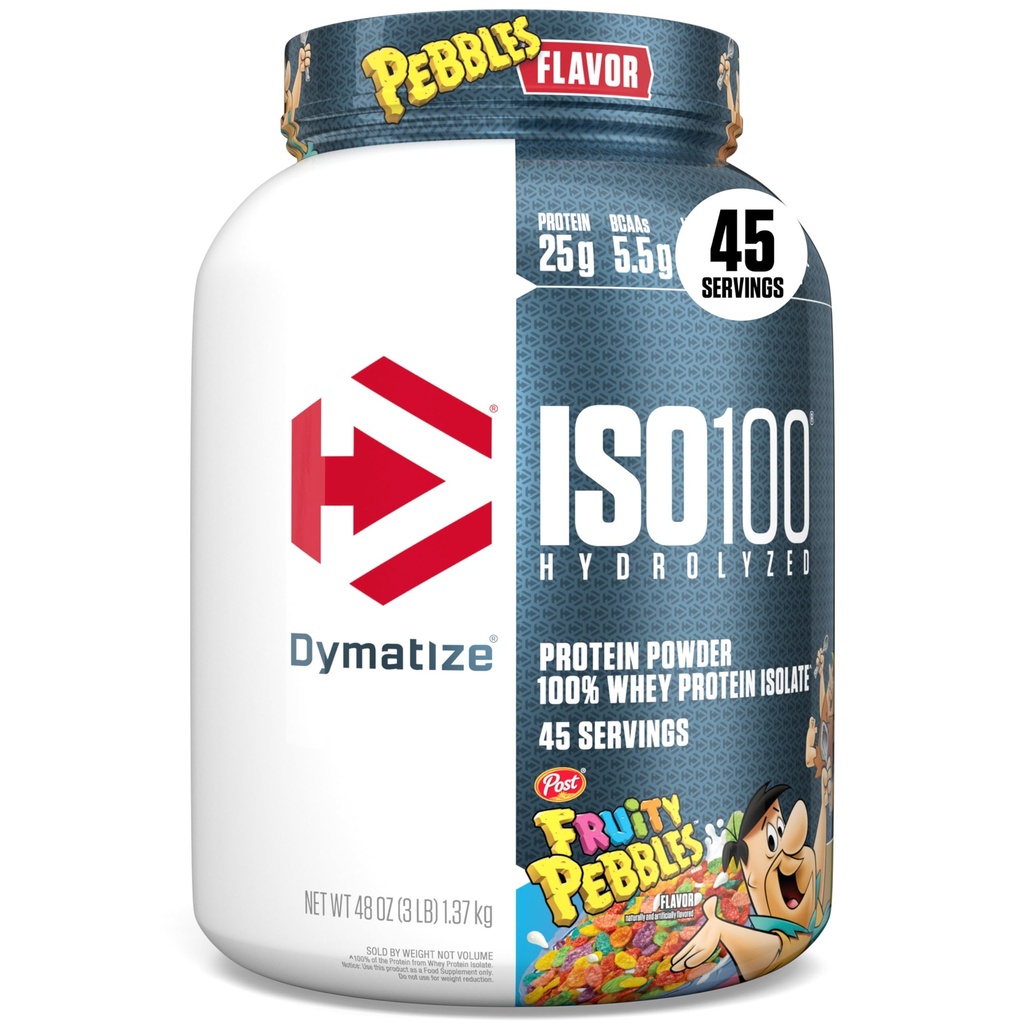 dymatize x Fruity Pebbles ISO100 Whey Protein Powder Isolate, 25g of Protein, 5.5g BCAAs, 120 Cal., Gluten Free, 1g Fat, 1g Sugar, 2g Carb (45 Pelayan)