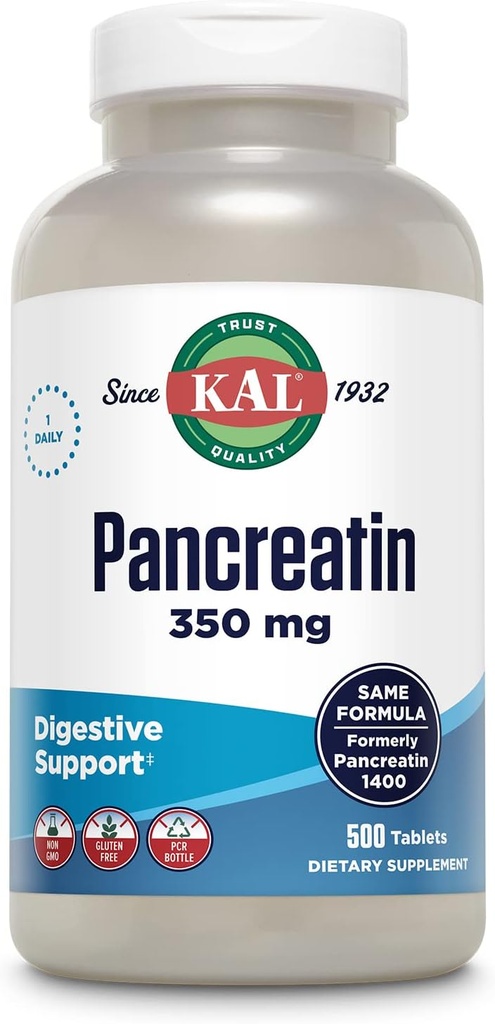 KAL Pankretin 350mg, Digeptical Enzymes for Women and Men, Pankreatic Enzimes for Digetical Health Support, Gluten Free, Non-GMO, Rapid Disintegration, 60- Day Affitee, 500 Pelayan, 500 Tablet
