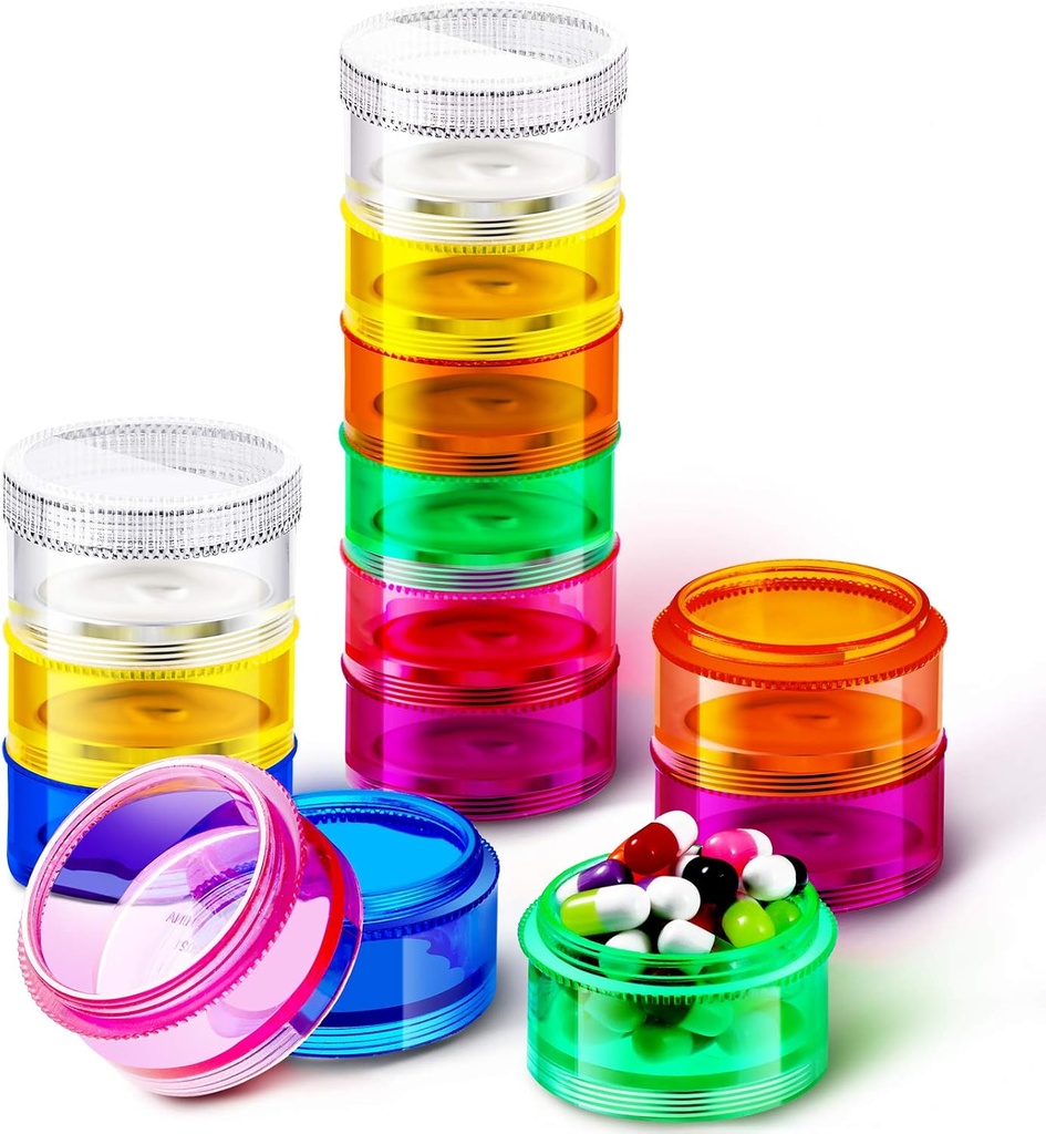 Sieral 7 Days Stackable Pill Organizers 7 Kompartemen Round Pill Box Tower Weekly Vitamin Invigin Container Travel Cases with Lids for Medications, Vitamin and Suplemen (2 Sets)